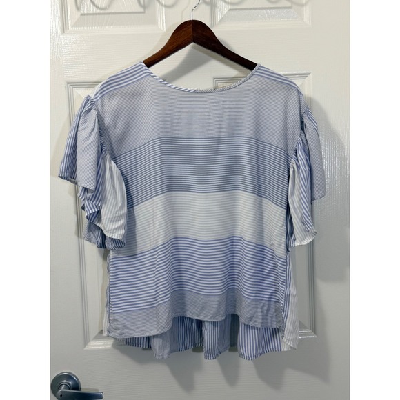 LOFT Tops - Loft Womens Blue White Striped Ruffle Sleeve Button Back Peplum Blouse Small